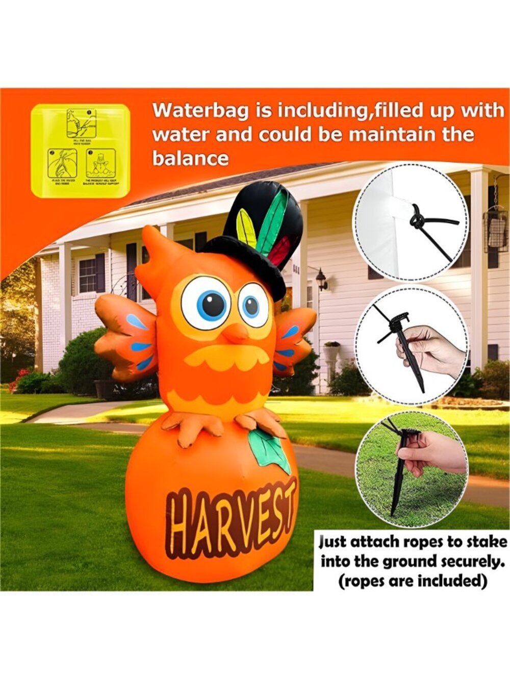 6 FT Thanksgiving Inflatables Owl on Pumpkin, LED Light Fall Inflatables - Picture 5 of 7